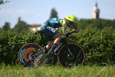 NEULISE FRANCE JUNE 05 Primoz Roglic of Slovenia and Team BORA hansgrohe sprints during the 76th Criterium du Dauphine 2024 Stage 4 a 344km individual time trial at stage from SaintGermainLaval to Neulise 552m UCIWT on June 05 2024 in Neulise France Photo by Dario BelingheriGetty Images