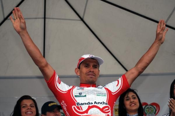 Laverde celebrates on the podium after his stage win in Colombia.
