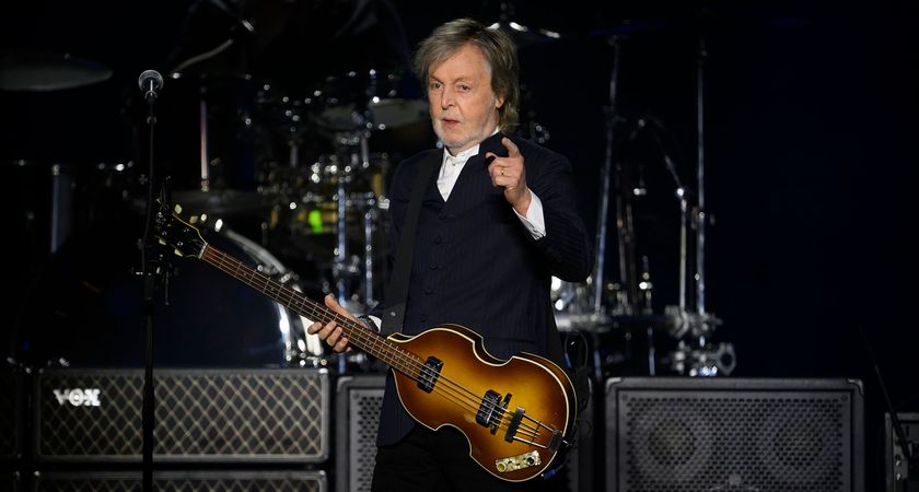 Paul McCartney plays a H&ouml;fner 500/1 bass guitar live onstage and points to the crowd during his 2024 Got Back Tour