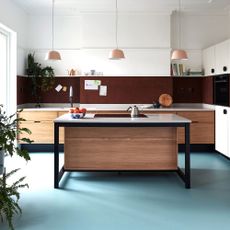 kitchen room with blue floor and ceiling lights