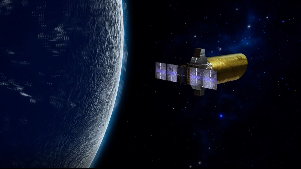 An artist&#039;s depiction of the CHES spacecraft in space.