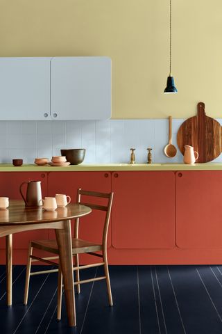 Red paint on cabinets with a light yellow on the walls