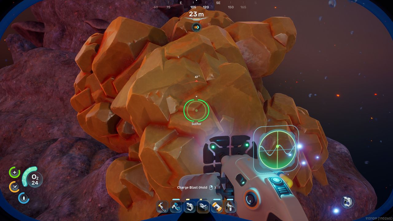 Subnautica 2 sulfur: A player looking at a large sulfur crystal embedded in a rocky pillar, about to break it using the Sonic Resonator.