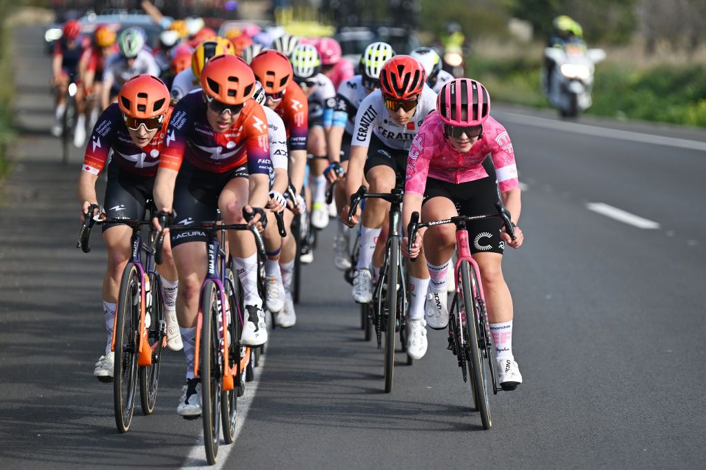 ANDRATX SPAIN JANUARY 27 LR Maggie ColesLyster of Canada and Team Human Powered Health and Alexandra Volstad of Canada and Team EF EducationOatly compete during the 2nd Challenge Femenino Ciclista Mallorca 2025 Trofeo Binissalem Puerto de Andratx a 1075km One day race from Binissalem to Port dAndratx 168m on January 27 2025 in Binissalem Spain Photo by Tim de WaeleGetty Images