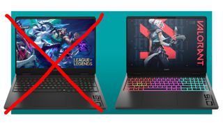 Two HP Omen RTX 50-series laptops on a teal background, the left with a big red cross through it