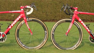 Trek's Stijn Devolder has two different Domane bikes for the cobbled classics: The Domane Koppenberg at right for Flanders and the Domane Classics at left for Paris-Roubaix