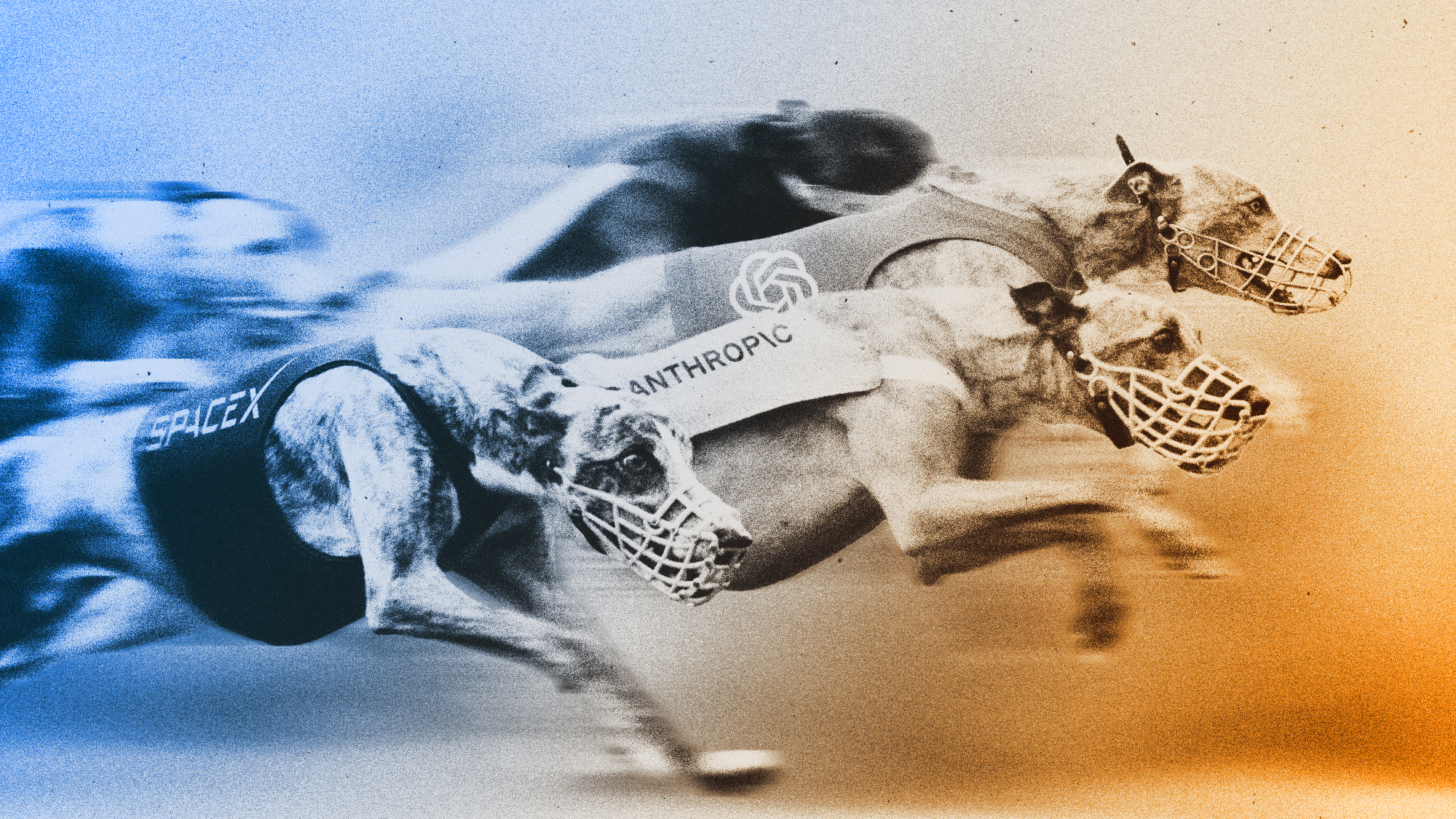 Illustration of greyhounds wearing AI company logos racing