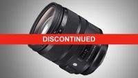 Camera lens with a red "DISCONTINUED" banner across it, indicating the product is no longer available