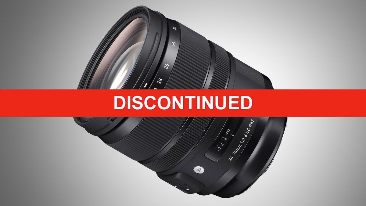 Camera lens with a red "DISCONTINUED" banner across it, indicating the product is no longer available