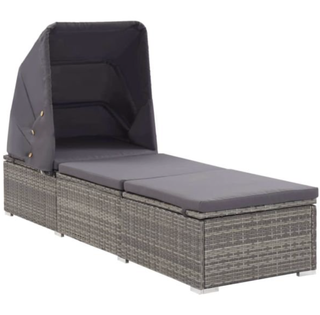 sun lounger with grey hood and rattan base
