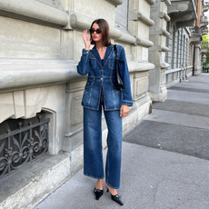 12 Scandi Outfit Ideas: Mary wears a double denim co-ord with pointed-toe mules.