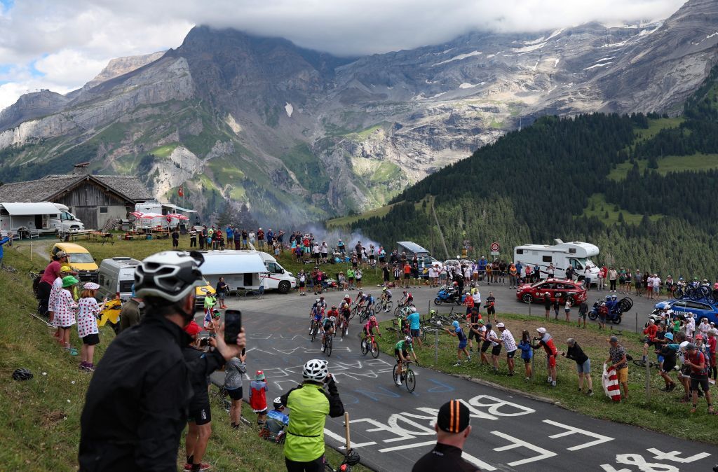 JumboVisma teams Belgian rider Wout Van Aert wearing the sprinters green jersey cycles in a breakaway during the 9th stage of the 109th edition of the of the Tour de France cycling race 1929 km between Aigle in Switzerland and Chatel Les Portes du Soleil in the French Alps on July 10 2022 Photo by Thomas SAMSON AFP Photo by THOMAS SAMSONAFP via Getty Images