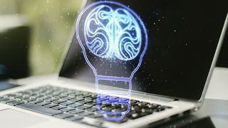 Double exposure of creative light bulb hologram with human brain on laptop background