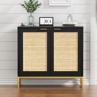 A black and rattan console table from Walmart