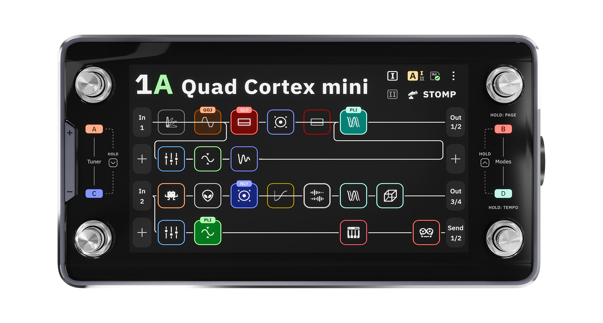 Neural DSP Quad Cortex mini: it still has the same four rotary footswitches, the 7&amp;quot; touchscreen, but it's more than 50 per cent smaller than Neural's game-changing original amp modeller.