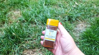 sprinkling chilli powder on grass