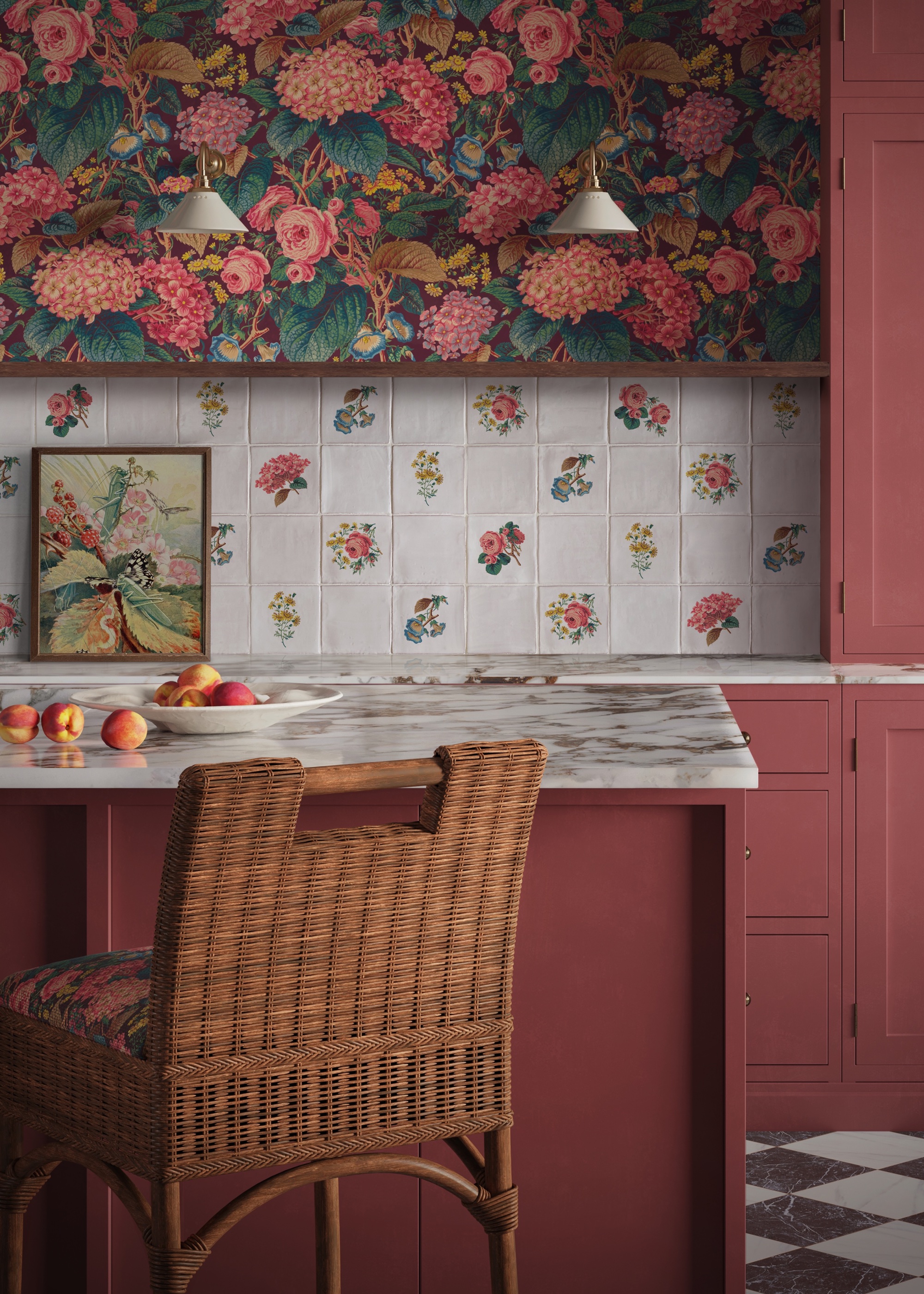 a rust kitchen with floral wallpaper and floral tiles