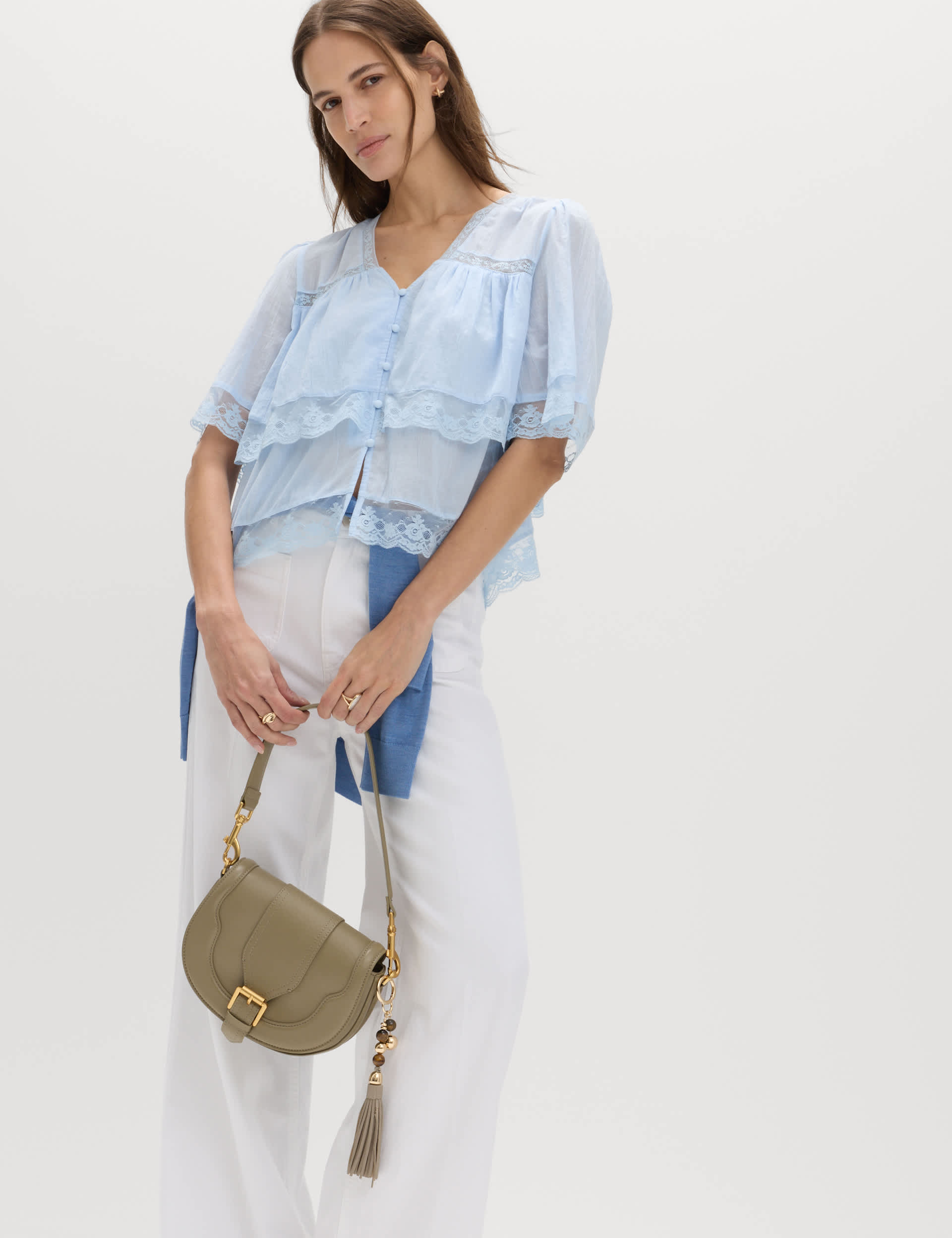 Pure Cotton V-Neck Lace Insert Blouse