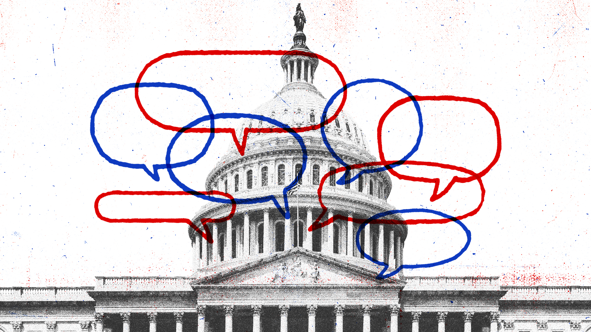 Illustration of the Capitol building surrounded by red and blue speech bubbles