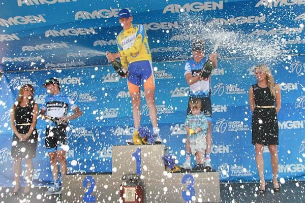 The top 3 at the Tour of California, Davie Zabriskie, Robert Gesink and Tom Danielson, let loose with the Moet on the podium.