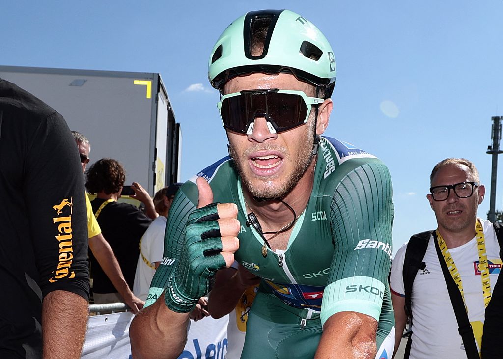 Italian Jonathan Milan of Lidl-Trek celebrates after winning stage eight of the 2025 Tour de France cycling, from Saint-Meen-le-Grand to Laval Espace Mayenne (174 km), on Saturday 12 July 2025 in France. The 112th edition of the Tour de France starts on Saturday 5 July in Lille, France, and will finish in Paris, France on the 27th of July. BELGA PHOTO POOL LUCA BETTINI (Photo by POOL LUCA BETTINI / BELGA MAG / Belga via AFP)