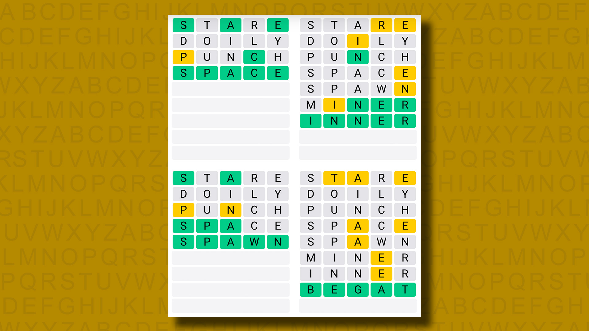 Quordle answers for game 974 on a yellow background