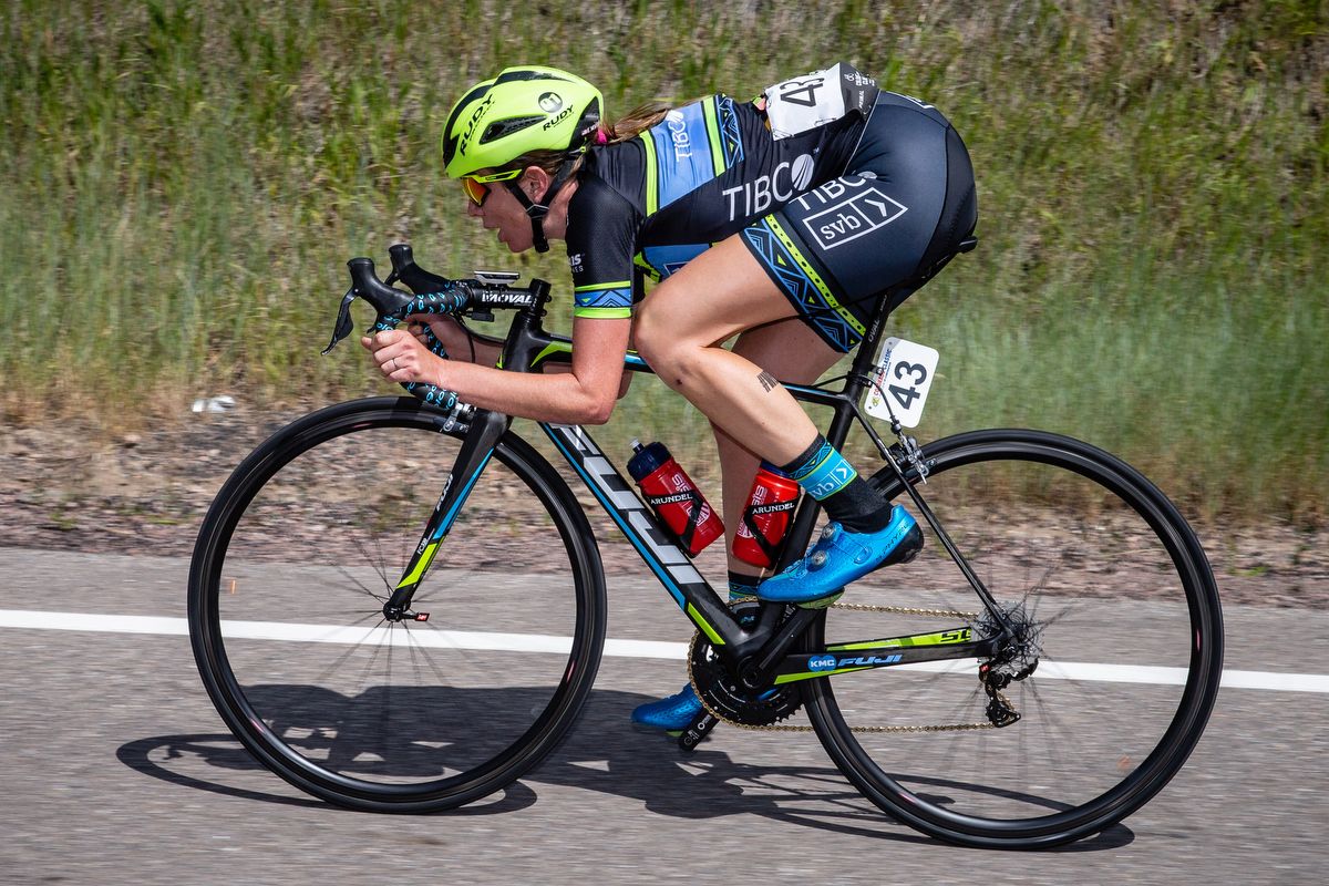 Emily Newsom (TIBCO) descends after the first QOM on stage 1 of the Colorado Classic on August 22, 2019 in Steamboat Springs, Colorado.