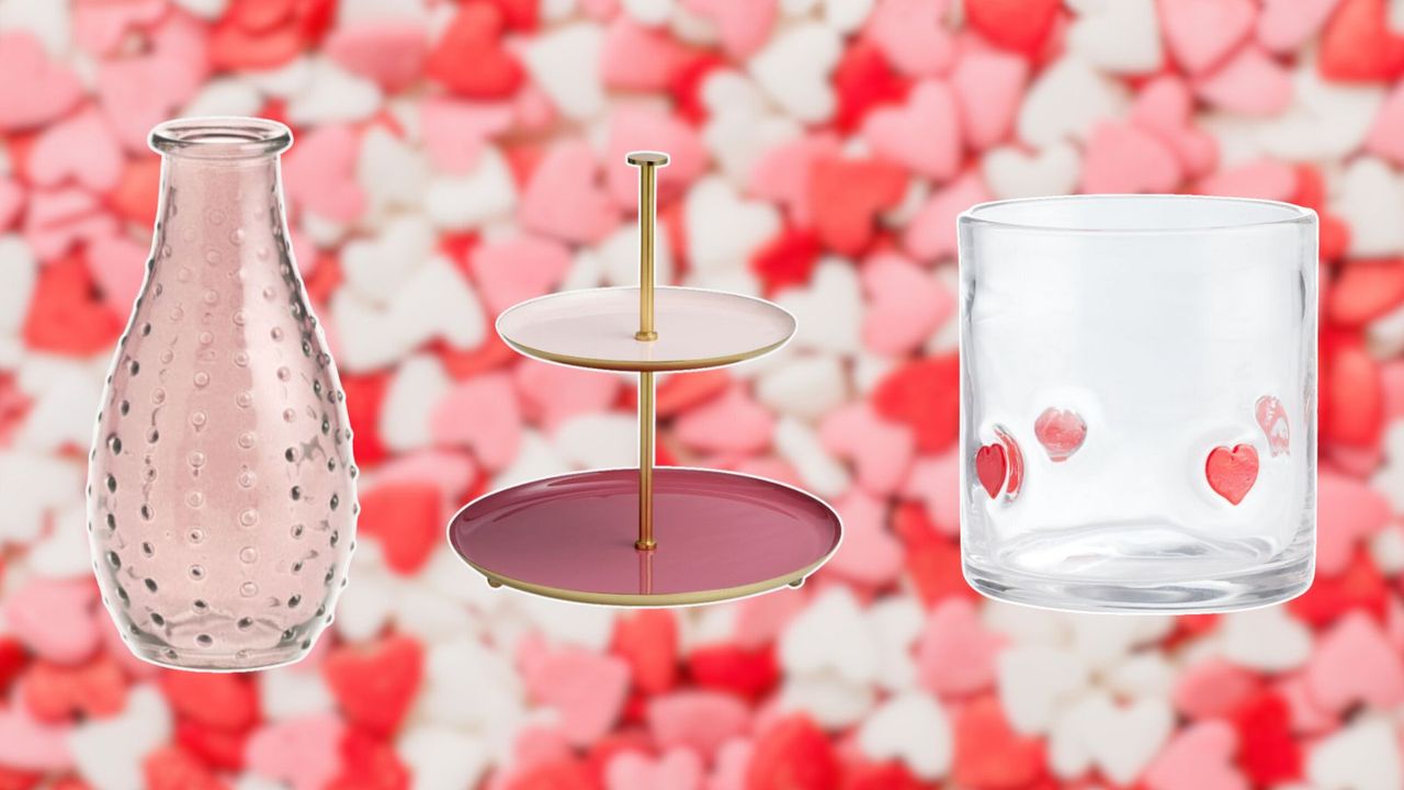 World Market Valentine&#039;s Day picks including a pink bobbled glass vase, a two-tier dessert stand, and a glass with hearts on a candy heart blurry background