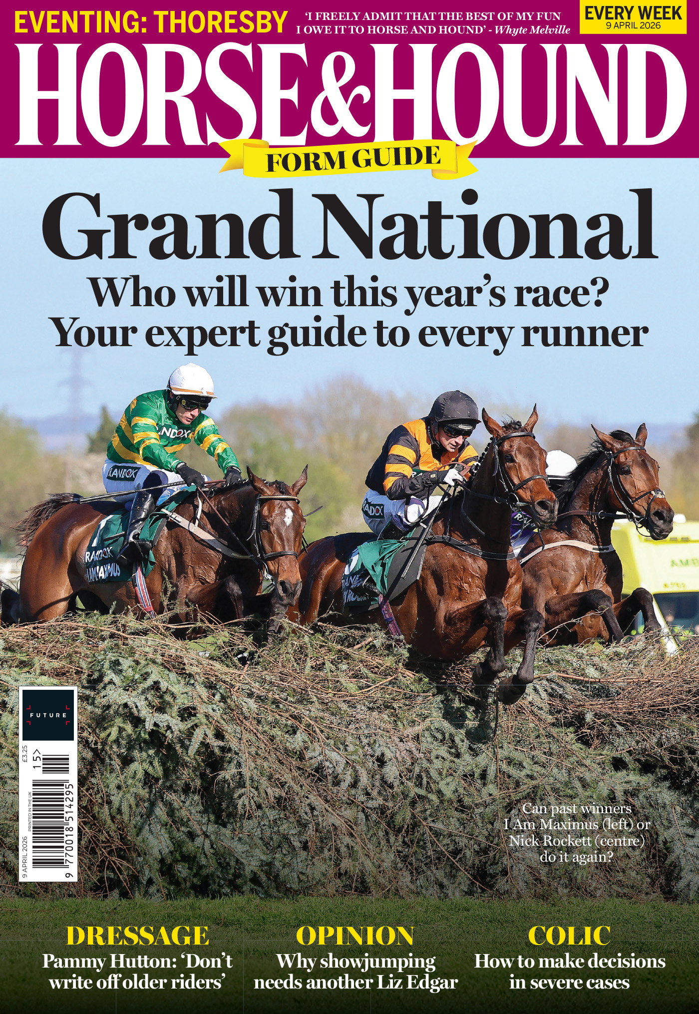 Cover of Horse &amp; Hound featuring racehorses jumping a national hunt hedge