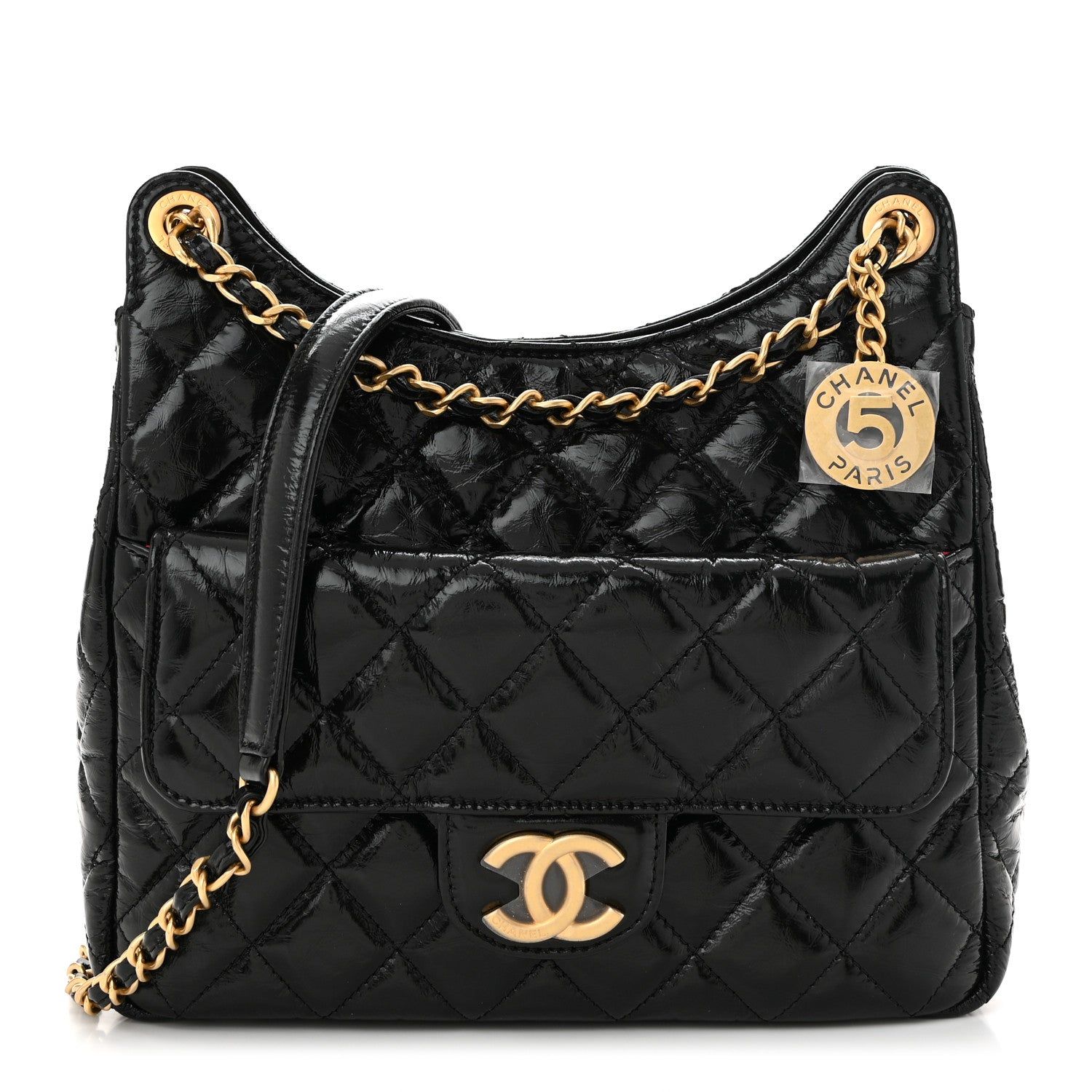 Shiny Crumpled Calfskin Quilted Wavy Cc Hobo Black