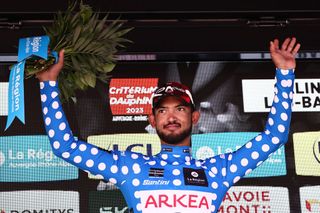 Team Arkea Samsics French rider Donavan Grondin celebrates his Dot Jersey of Overall Best Climber during the podium ceremony of the fifth stage of the 75th edition of the Criterium du Dauphine cycling race in SalinsLesBains on June 8 2023 Photo by AnneChristine POUJOULAT AFP Photo by ANNECHRISTINE POUJOULATAFP via Getty Images