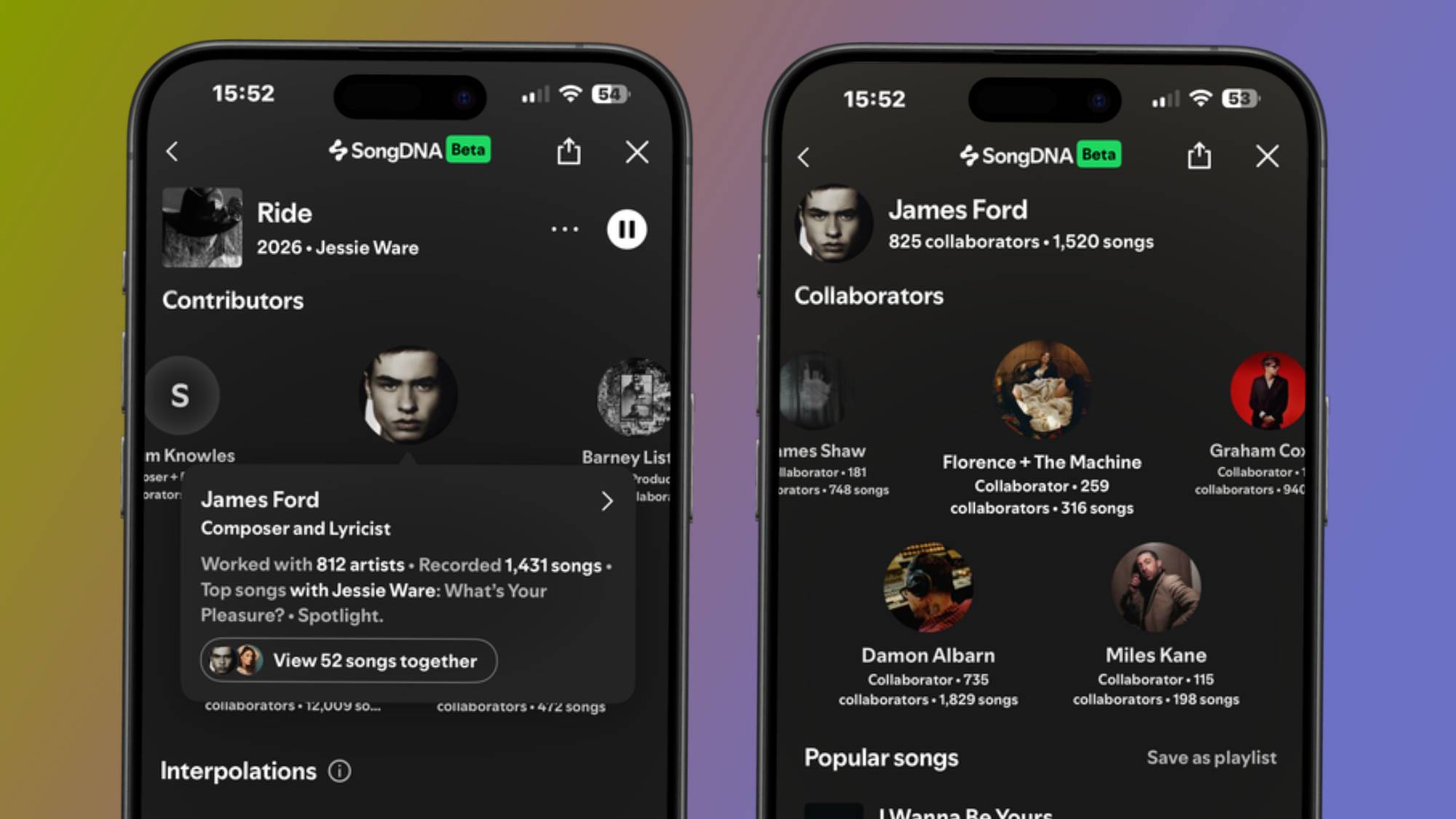 Two iPhones showing connections between producers and artists in Spotify SongDNA