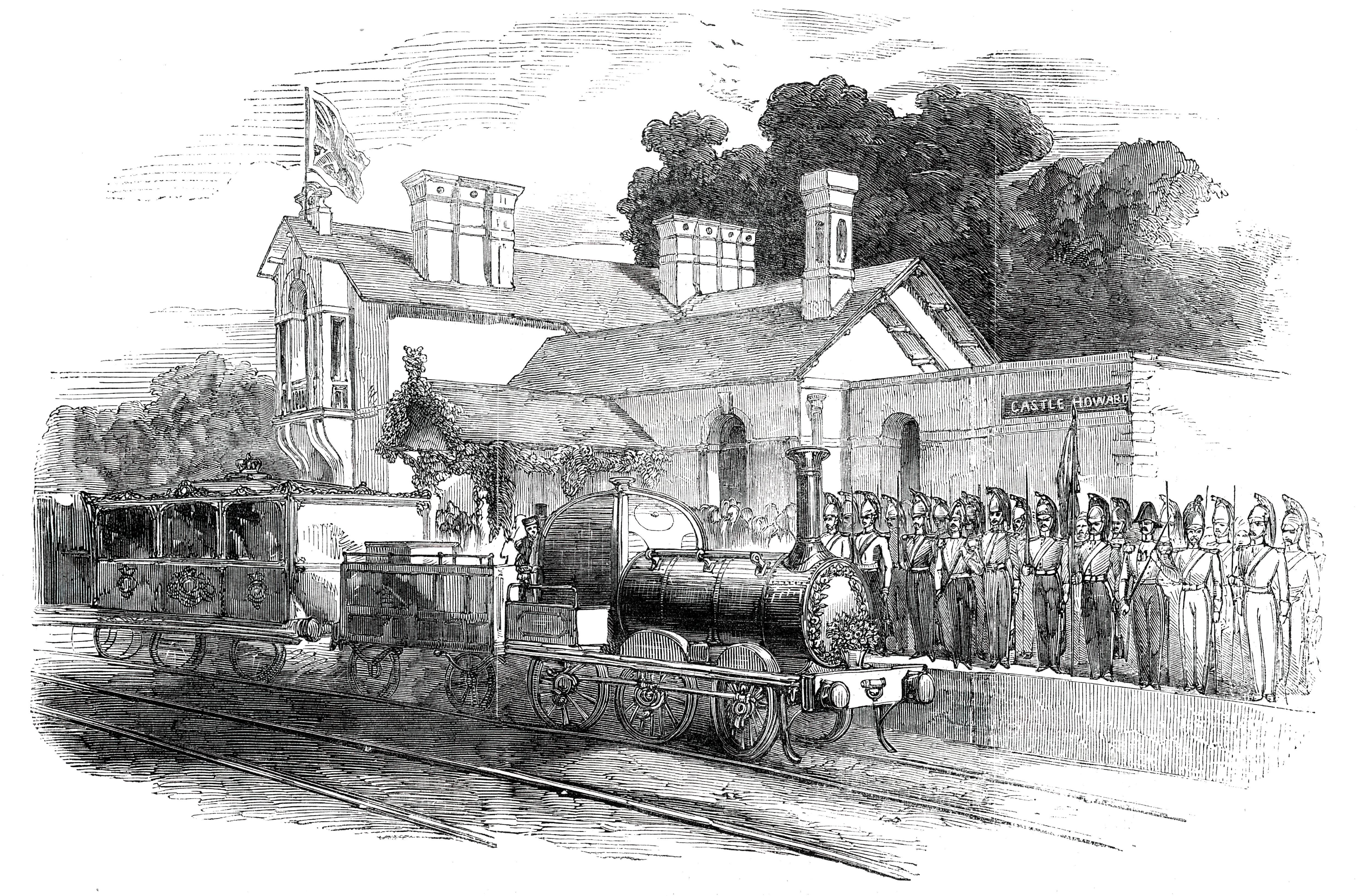 Arrival of Her Majesty at the Castle Howard Railway Station, 1850. Queen Victoria visits the Earl of Carlisle in North Yorkshire.