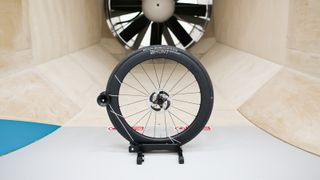 A front Hunt wheel sits in front of the fan within a wind tunnel