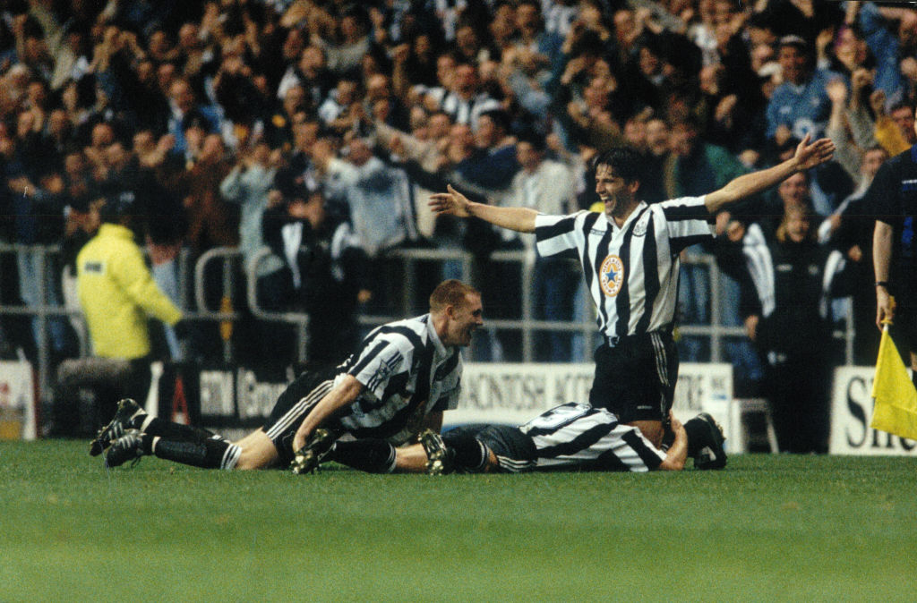 Newcastle United celebrate during their 5-0 victory over Manchester United in October 1996