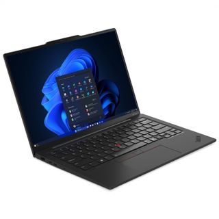 An open and powered on black laptop against a white background