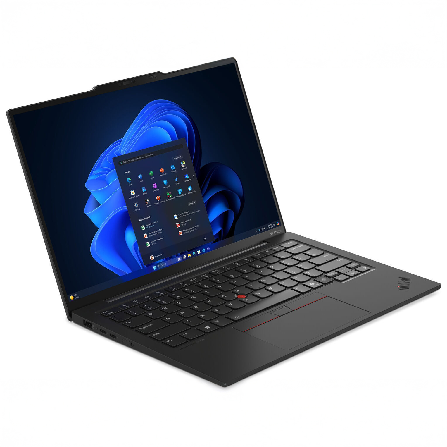 An open and powered on black laptop against a white background