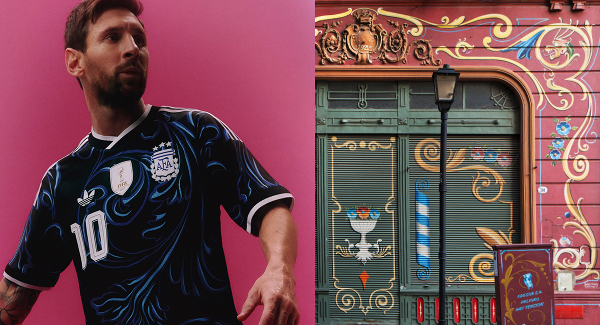 One of the best World Cup kit designs, the Argentina World Cup 2026 away kit worn by Lionel Messi, beside a shop front painted with fileteado designs in Buenos Aires