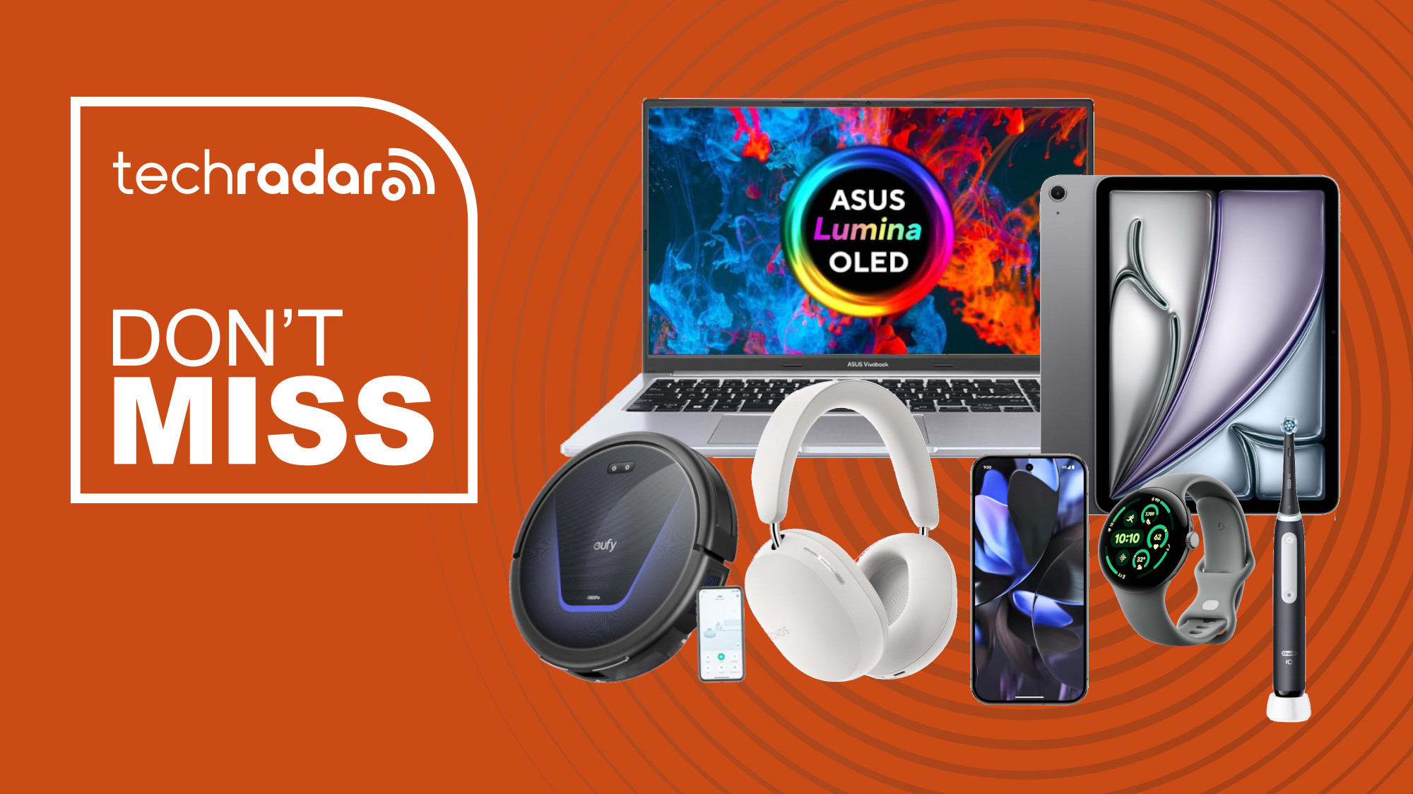 Collage of tech from the Amazon UK weekend sale, including an Asus laptop, iPad Air, Sonos headphones, Oral-B electric toothbrush, Pixel phone and Eufy robot vacuum