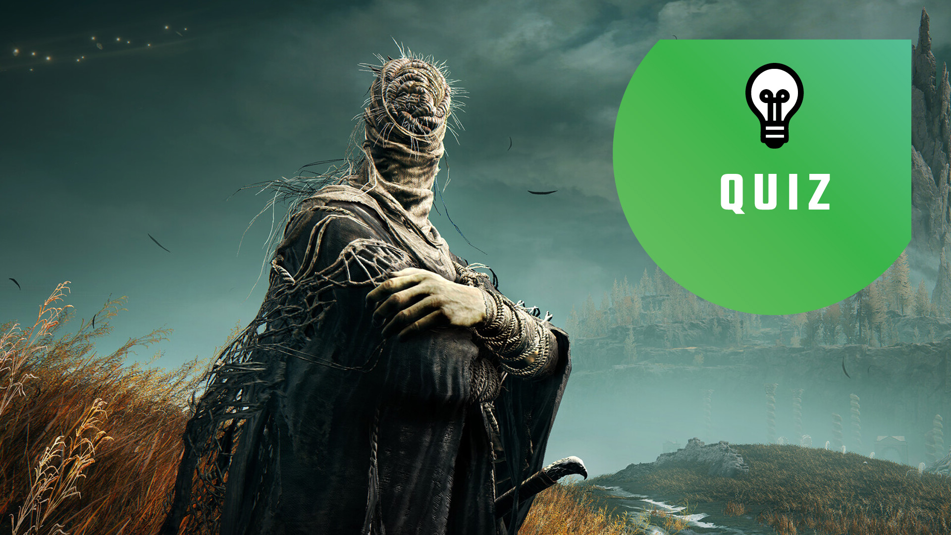 Shadow of the Erdtree enemy from Elden Ring DLC. The PC Gamer quiz logo is in the top right.