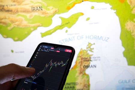 A stock chart on a smartphone screen with a map of the Strait of Hormuz