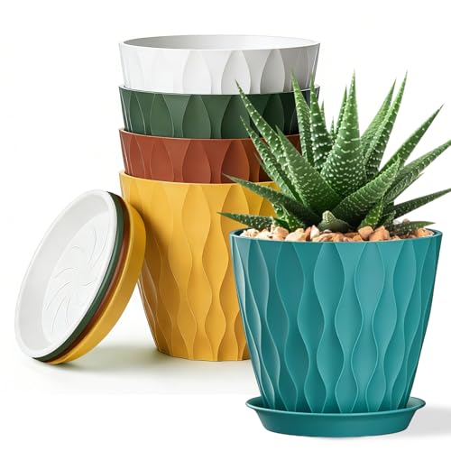 Sqkh 8 Inch Plastic Plant Pots,set of 5 Flower Pots,planters With Drainage Holes &amp;amp; Saucers, Indoor Outdoor Garden Pots for Home Decor(colorful)