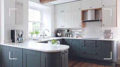 Navy blue kitchen with white marble countertops to show the things to remove from your kitchen to double its size
