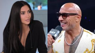 Kim Kardashian has a conversation on The Kardashians, while Dwayne "The Rock" Johnson chats during a wrestling event.