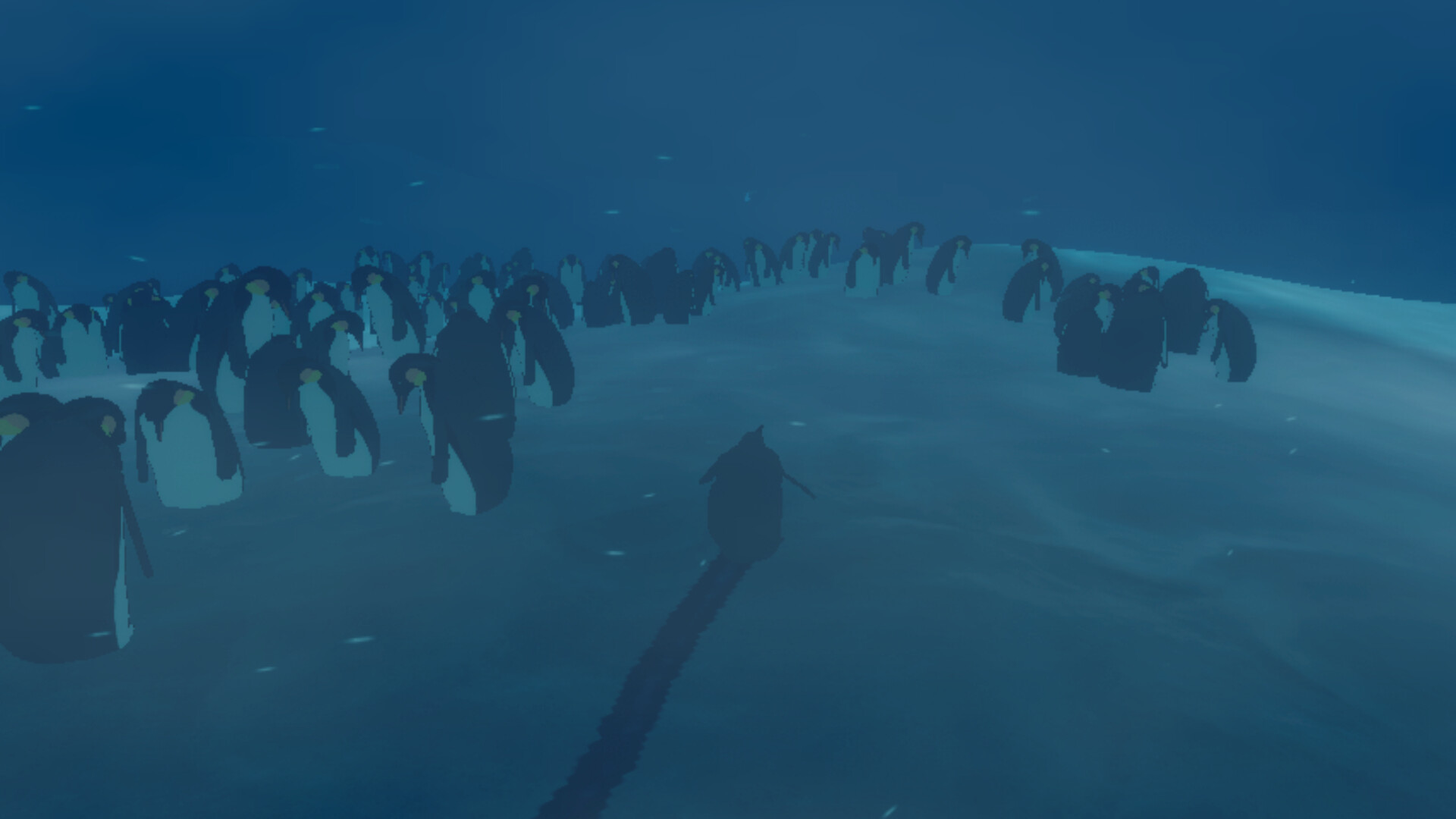 A penguin moves through a snowy landscape where lots of penguins congregate in cosmic horror game, Penguin Colony