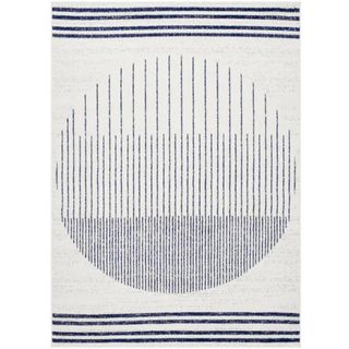 Ignatzia performance rug with circular motif and horizontal stripes