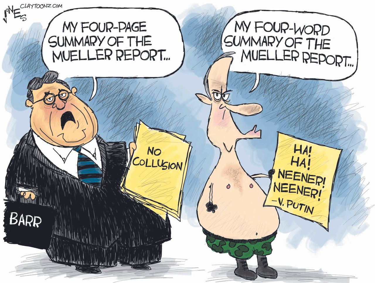 Political Cartoon U.S. William Barr Mueller Report no collusion Russia Trump