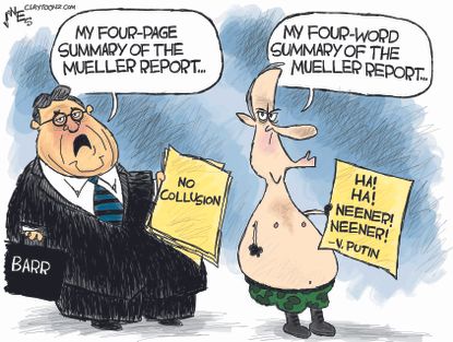 Political Cartoon U.S. William Barr Mueller Report no collusion Russia Trump