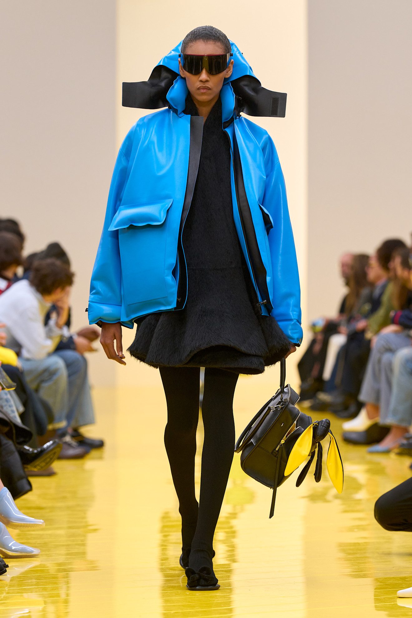 A model tested the colorblocking trend on the Loewe Fall 2026 runway