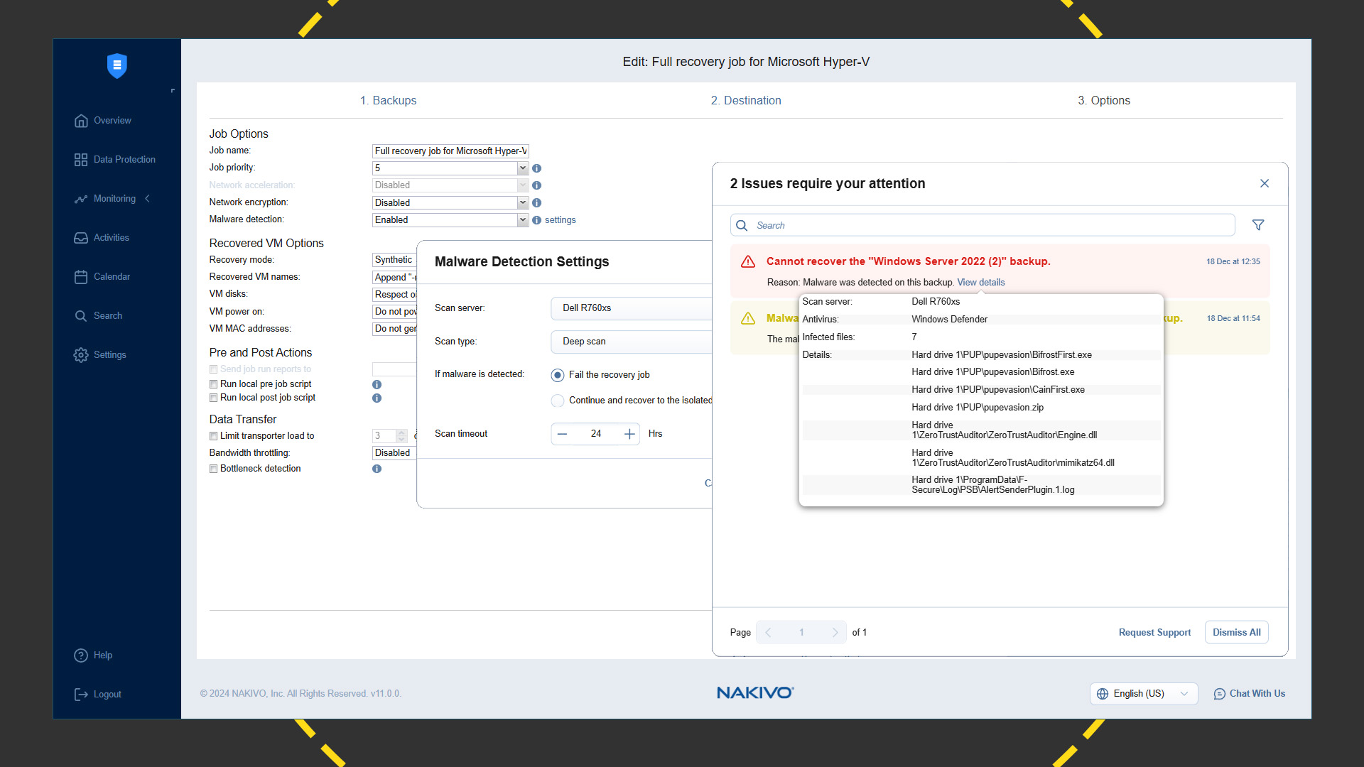 A screenshot of the Nakivo Backup & Replication 11 malware detection alerts